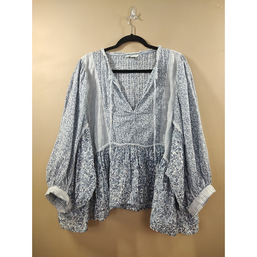 American Eagle Women XXL Blue Floral Stripe Mixed Print Babydoll Blouse Top